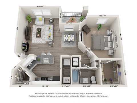 Floor plan for 1 bed, 1 bath, 789 sqft